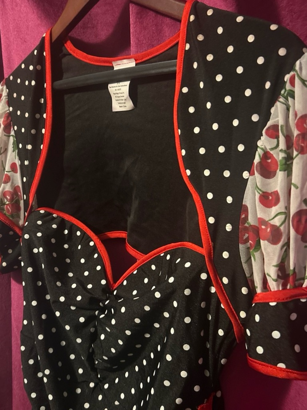 Women's Black Polka Dot Tunic with Red Trim and Cherry Print